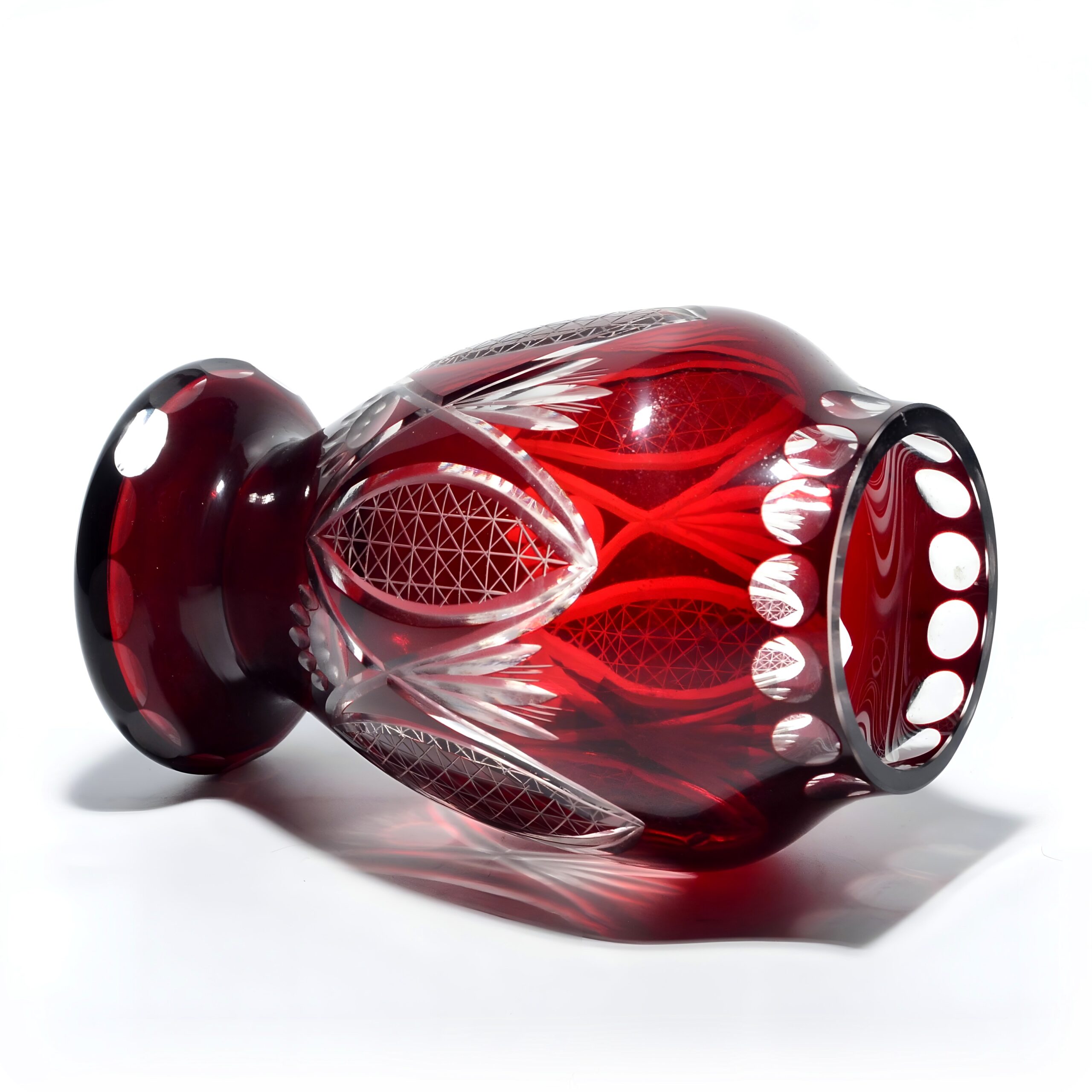 Wide Red Crystal Vase, Bold Geometric Pattern, Cut Glass Artistry